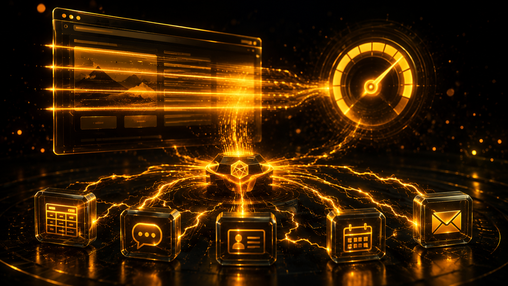 DeepAudit AI Zapier integration: a website being audited and scored, with results flowing through an automation hub into connected apps like spreadsheets, chat, CRM, calendar, and email.
