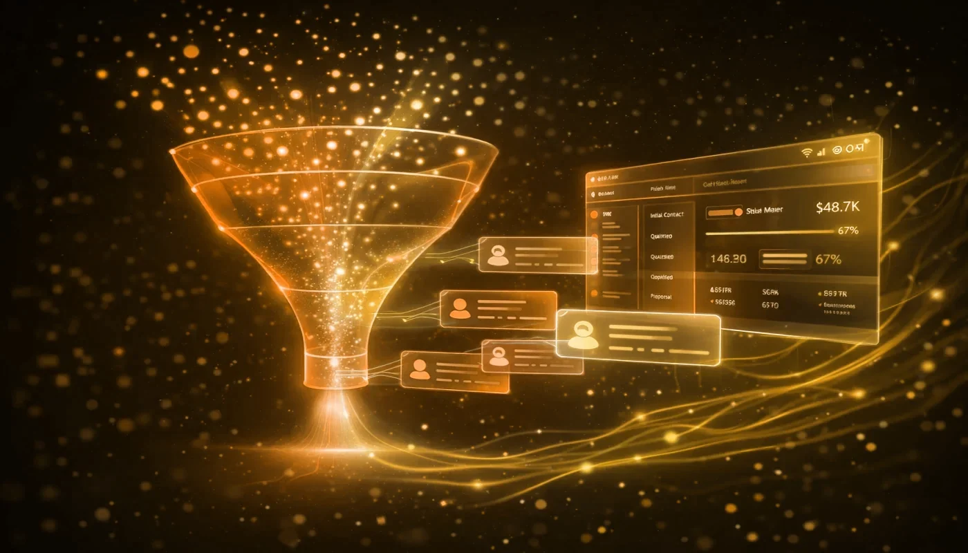 Lead capture funnel with visitor streams and CRM dashboard