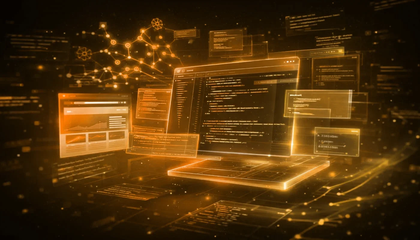 Isometric code editor with holographic UI panels